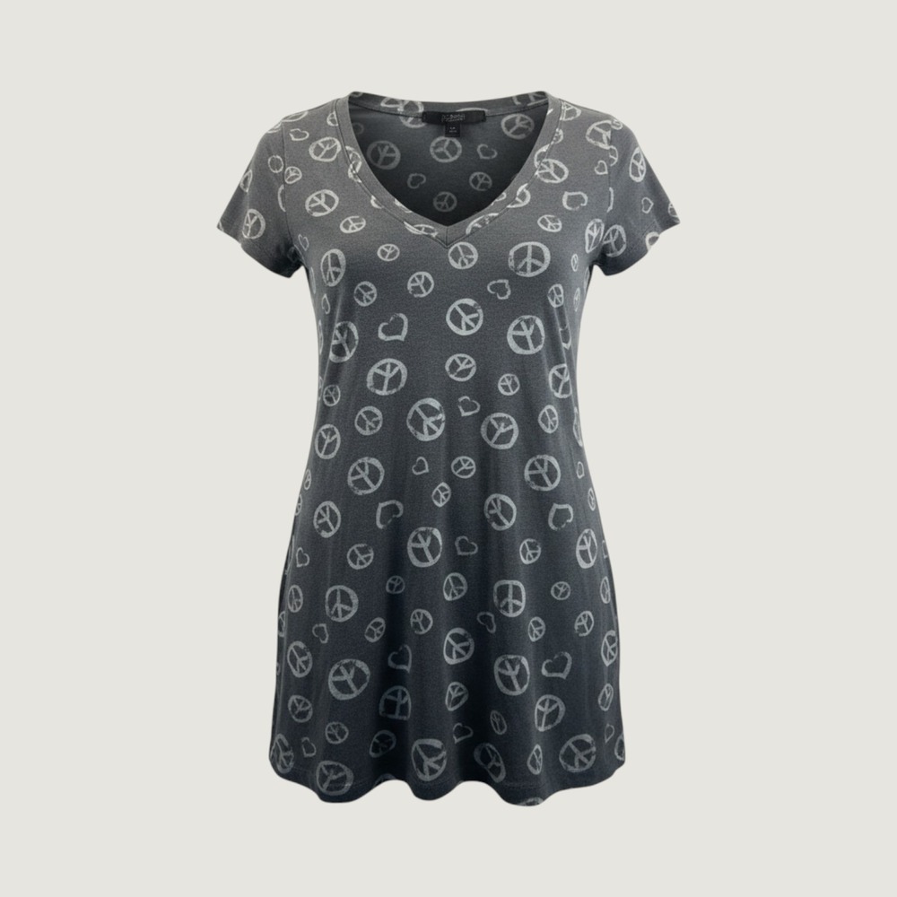 City Streets Short-Sleeve V-Neck Long Retro Tee Womens Size L Peace Sign Print